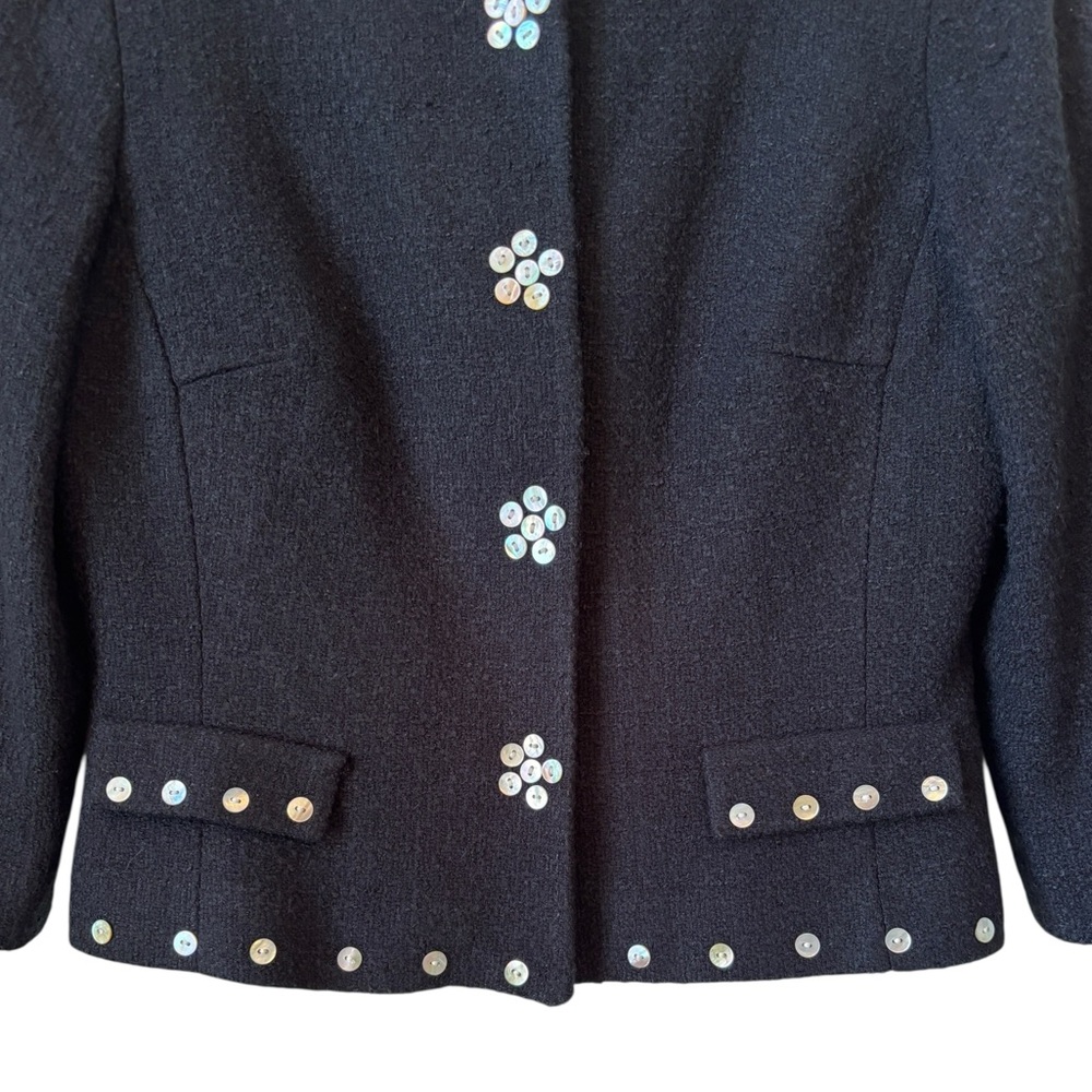 London Times Tweed Mother of Pearl Button Crop Jacket Blazer Sz 6 Black Business - Picture 4 of 13